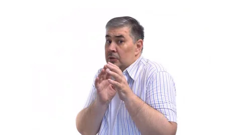 Terrified Middle-Aged Man Cowering in Fear. White Background. Stock Footage 275141262