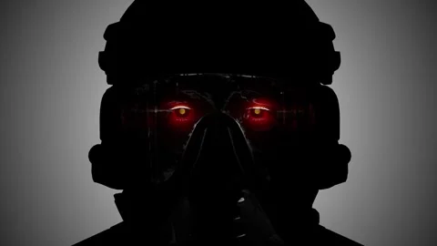 A terrifying dark robotic figure with red eyes behind a mask. Stock Footage 307387046