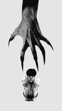 Terrifying hand reaching young guy sitting in fear. Manipulation of Stock Photos