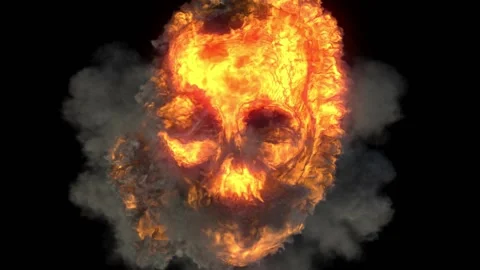 A terrifying, haunting ghost fire skull floats out of an explosion. Stock Footage 170917404