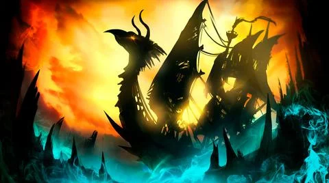 A terrifying old ship with a dragon's head on the front, sails torn and full  Stock Illustration