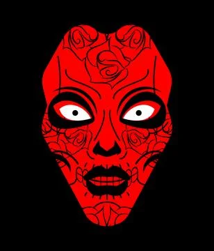 Terrifying red demon face with glowing white eyes and abstract patterns. Pe.. Stock Illustration