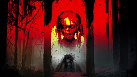 Terrifying Zombie Faces and Evil Monsters Emerge from a Dark, Bloody Red Ap.. Stock Footage 311662534