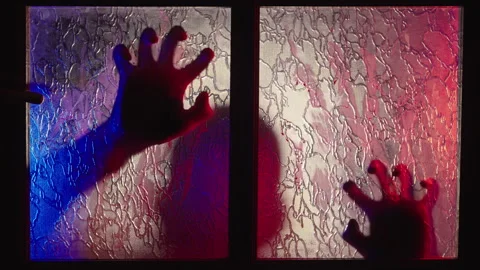 Terrifying Zombie Figure with Clawed Hands Behind Frosted Glass Door, Menacing Stock Footage 295011321