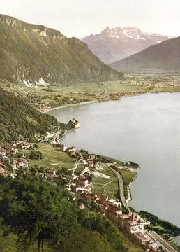 Territet, Chillon and Dent du Midi, from Glion, Geneva Lake, Switzerland, Stock Illustration