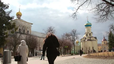 On the territory of the Holy Trinity St. Sergius Lavra, people walking Stock Footage 52923739