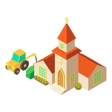 Territory improvement icon isometric vector. Wheel tractor near church building Ilustración de archivo
