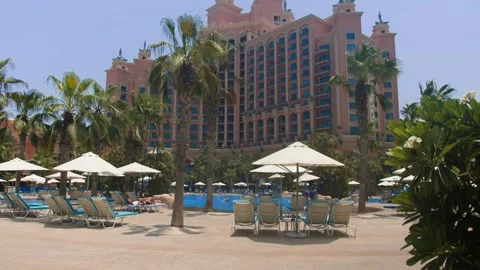 The territory by the pool with blue water with sun beds in Dubai Stock Footage 246089393