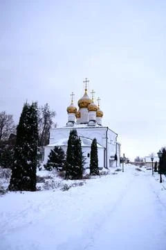 The territory of the Solotchinsky monastery on a cloudy winter day Stock Photos