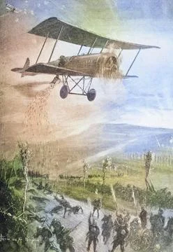 Terror weapon of the First World War. Biplane dropping steel arrows on troops. Stock Illustration