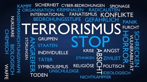 Terrorism, stop word tag cloud. Loop able, blue German variant Stock Footage 77333975