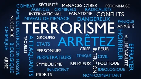 Terrorism, stop word tag cloud. Loop able, blue French variant Stock Footage 77335917