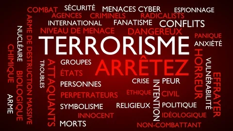 Terrorism, stop word tag cloud. Loop able, red French variant 스톡 동영상 77341178