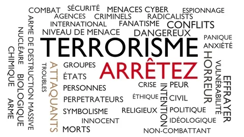 Terrorism, stop word tag cloud. Loop able, white French variant 스톡 동영상 77351560