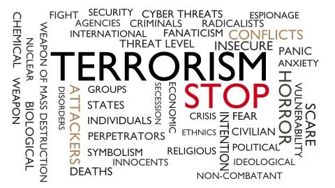 Terrorism, stop word tag cloud. 3D rendering, white variant. 스톡 일러스트