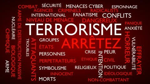 Terrorism, stop word tag cloud. 3D rendering, red French variant. イラスト素材