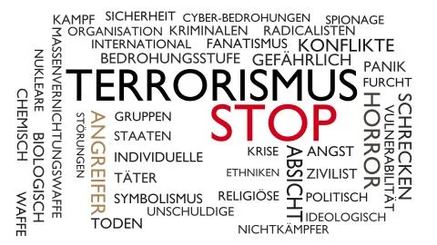 Terrorism, stop word tag cloud. 3D rendering, white German variant. Illustrazione stock