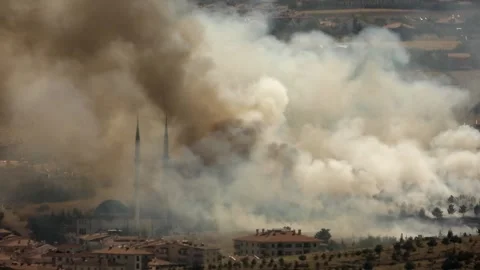 Terrorist attack near mosque causes fire smoke and panic during urban conflict Stock Footage 333872719