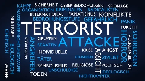 Terrorist attack word tag cloud. loop able, blue German variant. Stock-Footage 77058490