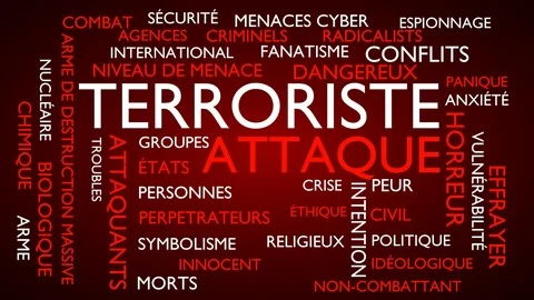 Terrorist attack word tag cloud. 3D rendering, loop able, red French variant. Stock Footage 77063810