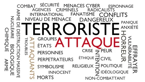 Terrorist attack word tag cloud. 3D rendering, loop able, white French variant. Stock Footage 77068068