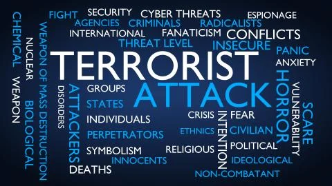 Terrorist attack word tag cloud. 3D rendering, blue variant. Stock Illustration