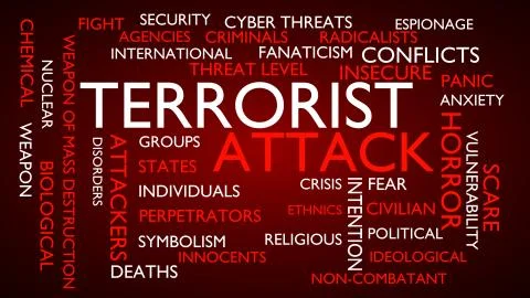 Terrorist attack word tag cloud. 3D rendering, red variant. Stock Illustration