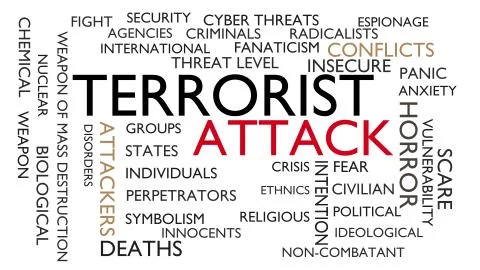 Terrorist attack word tag cloud. 3D rendering, white variant. Stock Illustration
