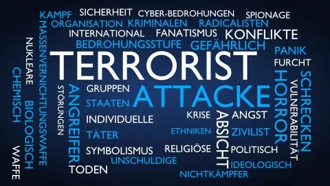 Terrorist attack word tag cloud. 3D rendering, blue German variant. 스톡 일러스트