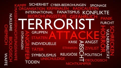 Terrorist attack word tag cloud. 3D rendering, red German variant. Illustrazione stock