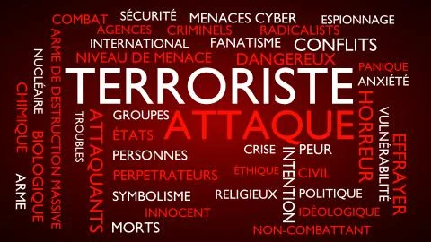 Terrorist attack word tag cloud. 3D rendering, red French variant. Stock Illustration