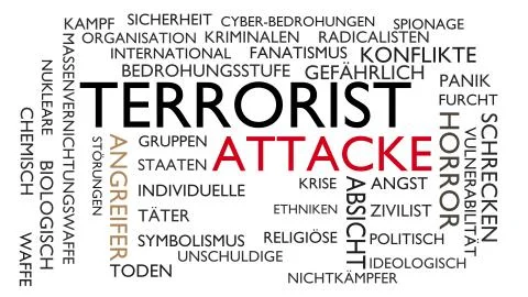Terrorist attack word tag cloud. 3D rendering, white German variant. Stock Illustration