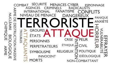 Terrorist attack word tag cloud. 3D rendering, white French variant. Stock Illustration