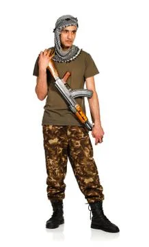 Terrorist with automatic gun on white background Stock Photos