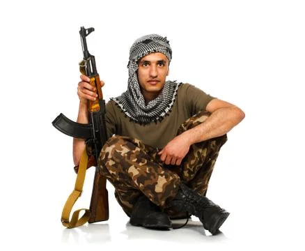 Terrorist with automatic gun on white background Stock Photos
