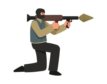 Terrorist in black mask with firearm aiming on knee, vector criminal holding Stock Illustration