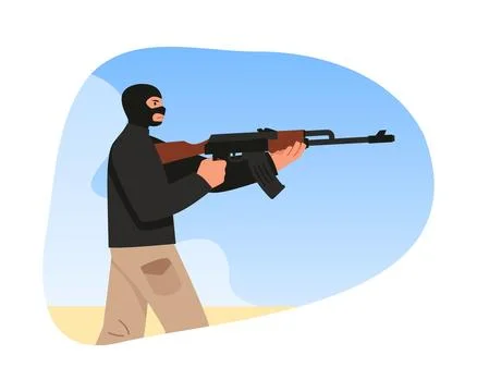 Terrorist in black mask with firearm, vector criminal person holding machine gun Stock Illustration