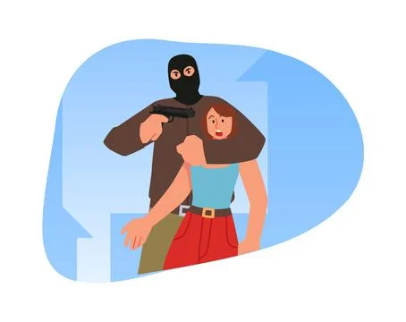 Terrorist in black mask with gun attack young woman, criminal in balaclava Stock Illustration