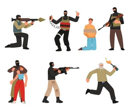 Terrorist in black mask with weapon attack people, criminals holding hostages Stock Illustration