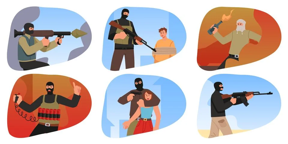 Terrorist in black mask with weapon attack people vector set, criminals holding Stock Illustration