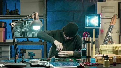 Terrorist bomber preparing dynamite bomb. He is in a secret basement 库存影片 99322316