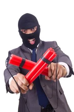 Terrorist with dynamite isolated on white Stockfoto's