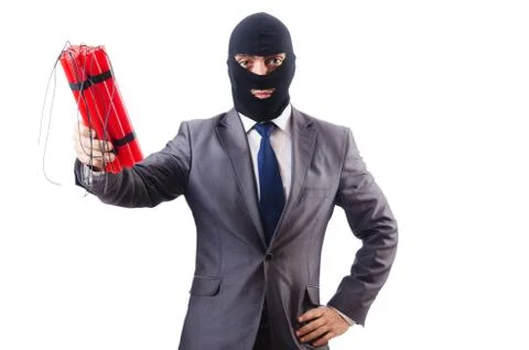 Terrorist with dynamite isolated on white Stockfoto's