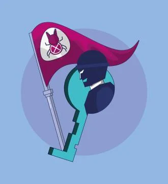 Terrorist with flag bug cyber atack Stock Illustration