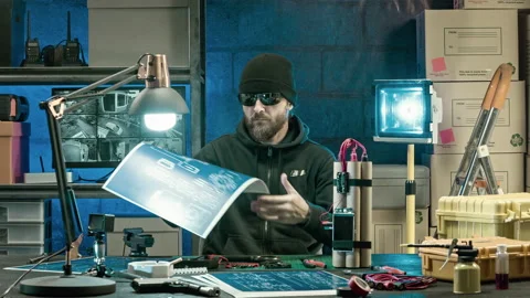 Terrorist in the garage making timebomb. Terrorism and dangerous concept. Stock Footage 99322318