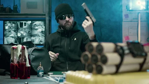 The terrorist opens the bag with the money. Timer bomb rotates in the foreground 스톡 동영상 100011873