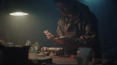 A terrorist soldering creating an explosive at home Video stock 256020440