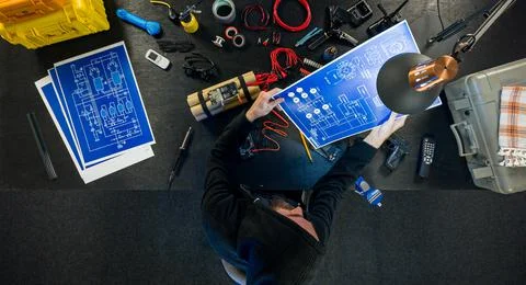 The terrorist is studying a timer, and is holding an electrical circuit. Foto stock