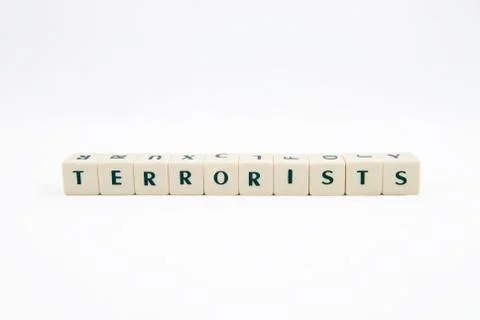 TERRORISTS white cube text on white background Stock Photos