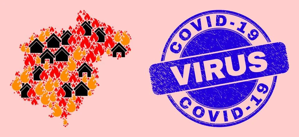 Teruel Province Map Composition of Fire and Buildings and Grunge Covid-19 Virus Ilustración de archivo